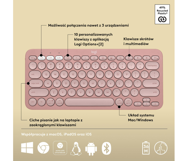 Logitech K380s Pebble Keys 2 różowy - 1172753 - zdjęcie 10